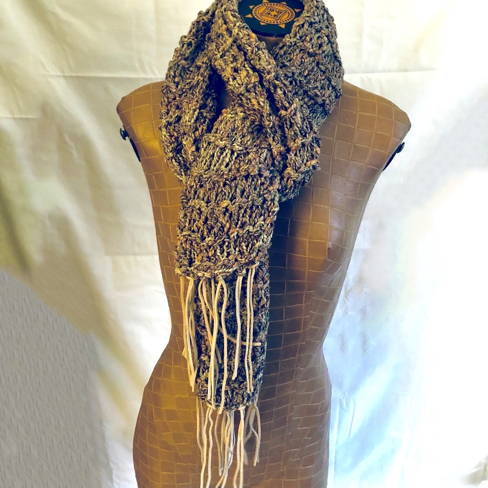 Hand Knitted Scarf with Leather Fringe 1 of a Kind.